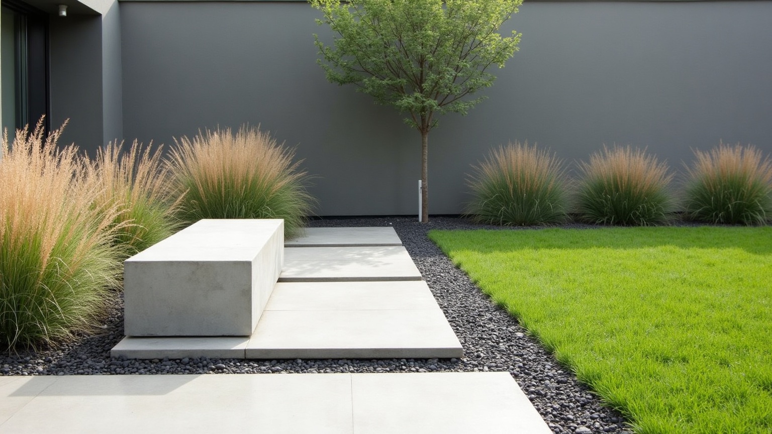 Board-formed concrete bench and raised planter on a minimalist terrace with drifts of Stipa and Miscanthus ornamental grasses