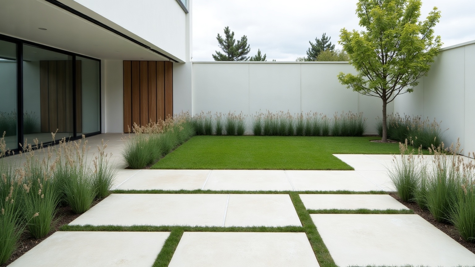 Minimalist garden with large pale concrete paving slabs separated by narrow grass joints, a geometric lawn panel and ornamental grasses