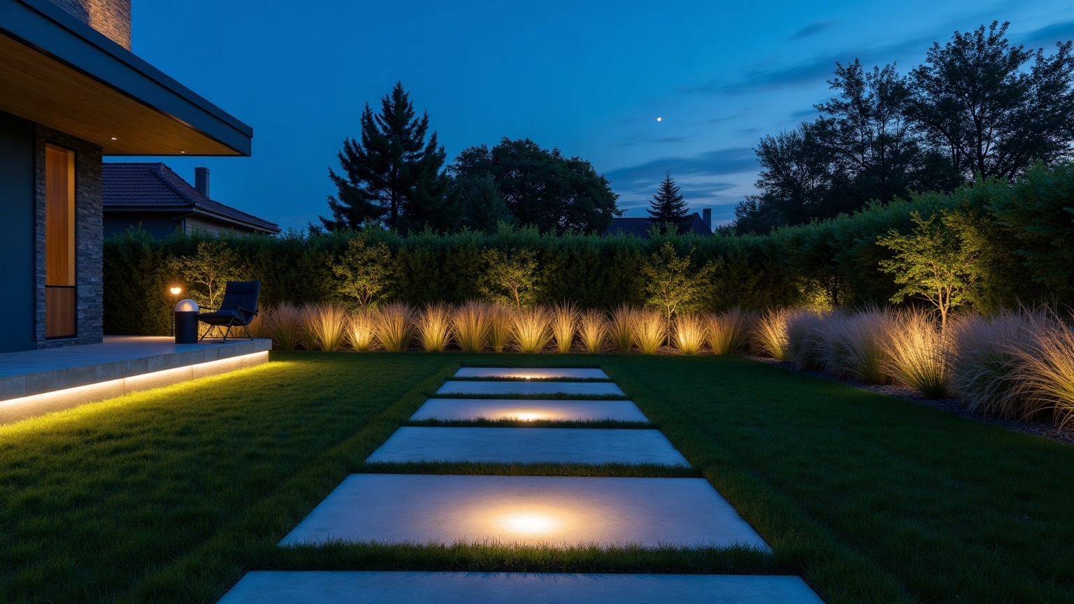 Minimalist garden at dusk with concrete stepping slabs across a lawn and recessed linear lighting grazing the concrete edges