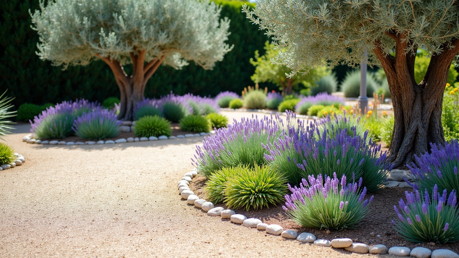Gravel Mediterranean garden bed with a multi-stem olive tree, drifts of lavender, santolina and cistus over buff gravel mulch