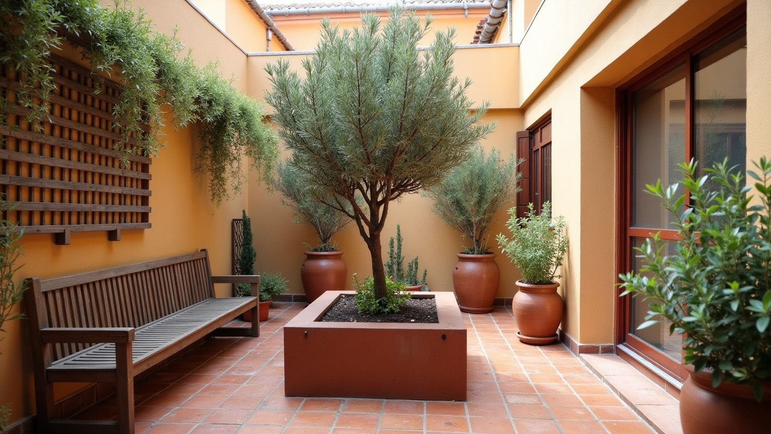 Small urban Mediterranean courtyard about 4 by 4 metres with an olive tree in a corten steel planter, terracotta tiles and potted herbs