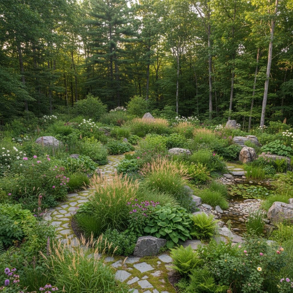 Garden at the forest edge blending into nature