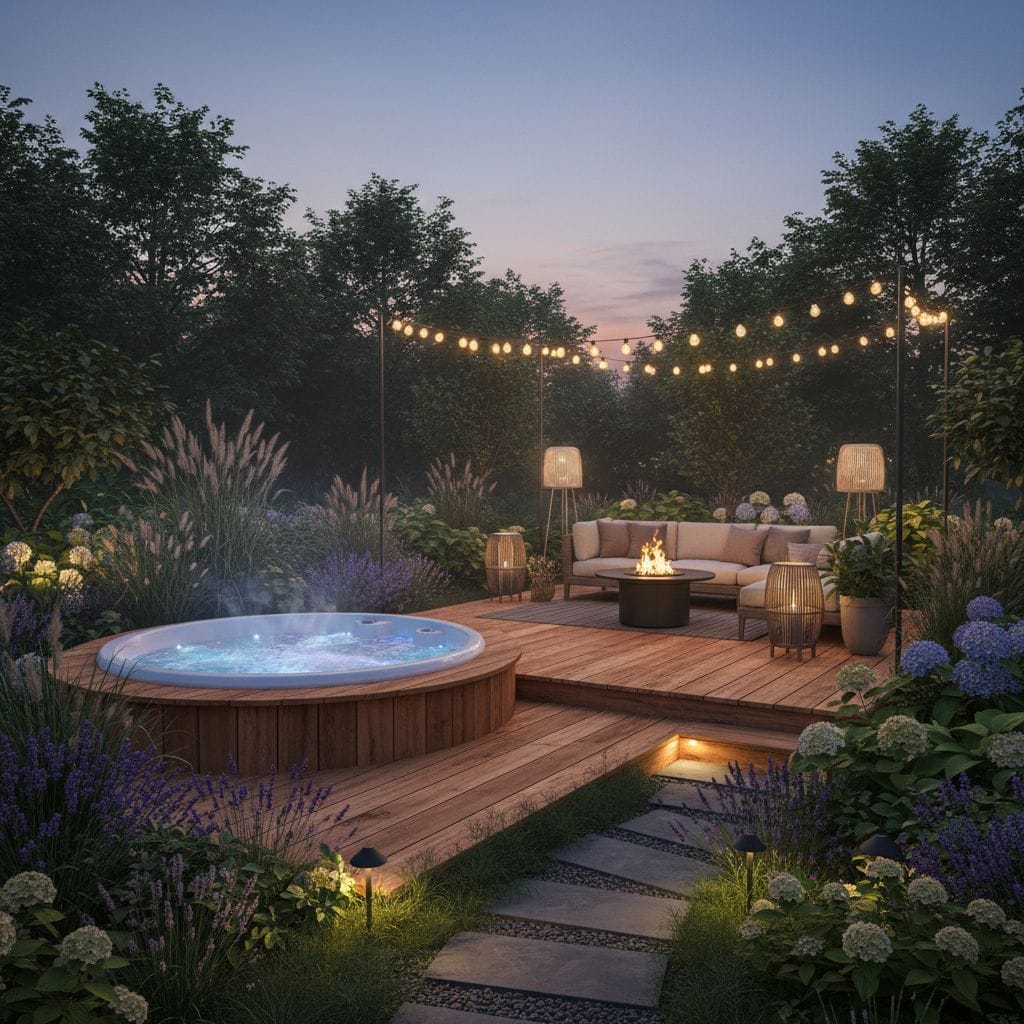 Garden with a wooden deck and jacuzzi