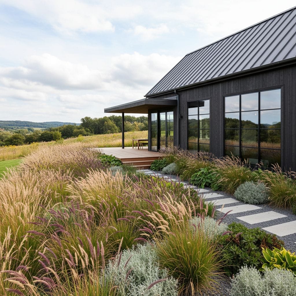 Garden next to a modern barn-style house