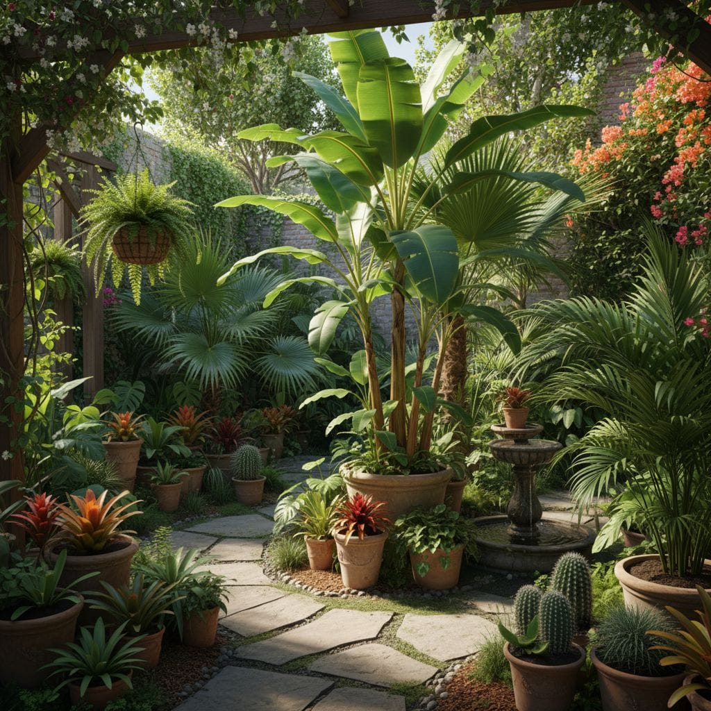 Garden with exotic potted plants