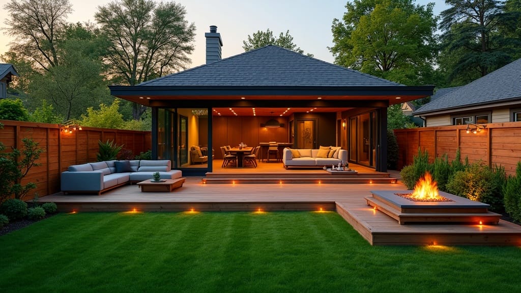 AI backyard design – modern backyard with a deck, fire pit and lounge area