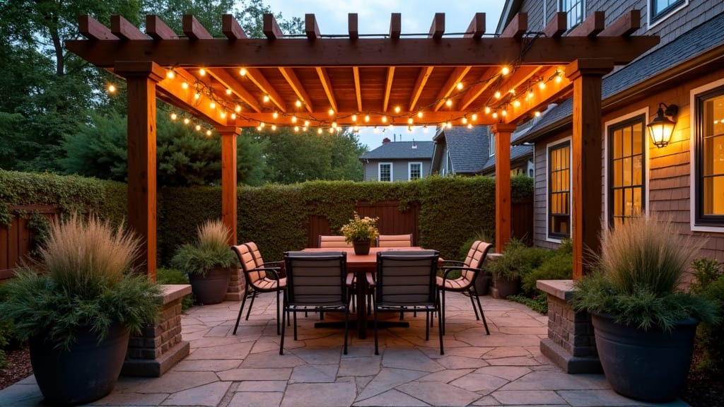 Small backyard design with a pergola, dining set and string lights