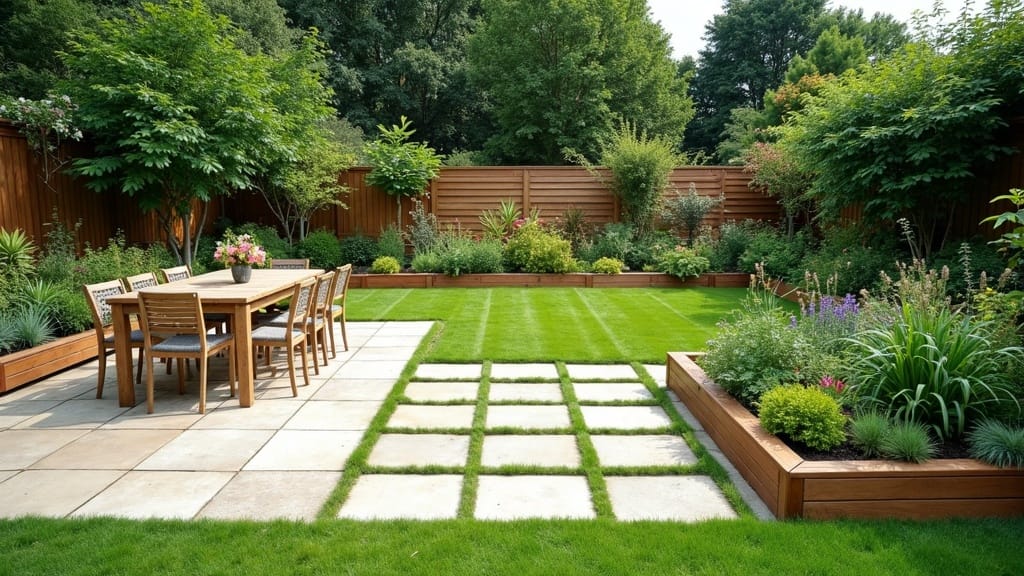 Garden plan divided into zones: a dining patio, lawn, raised beds and an ornamental border
