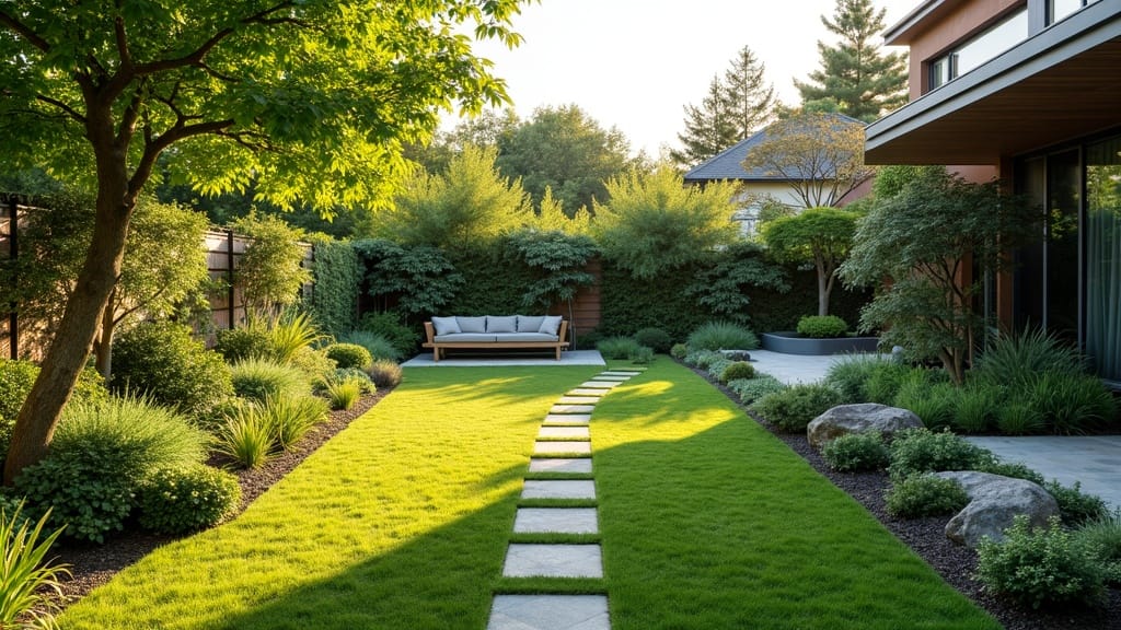 AI garden planner – a well-planned garden with lawn, stone path and layered planting beds