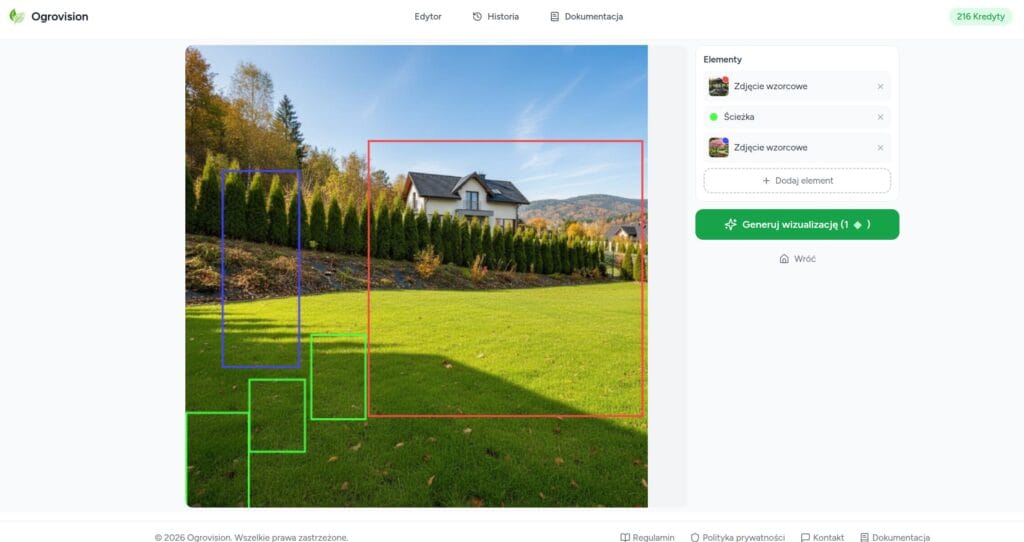 Zones drawn directly on the lawn photo inside the editor.
