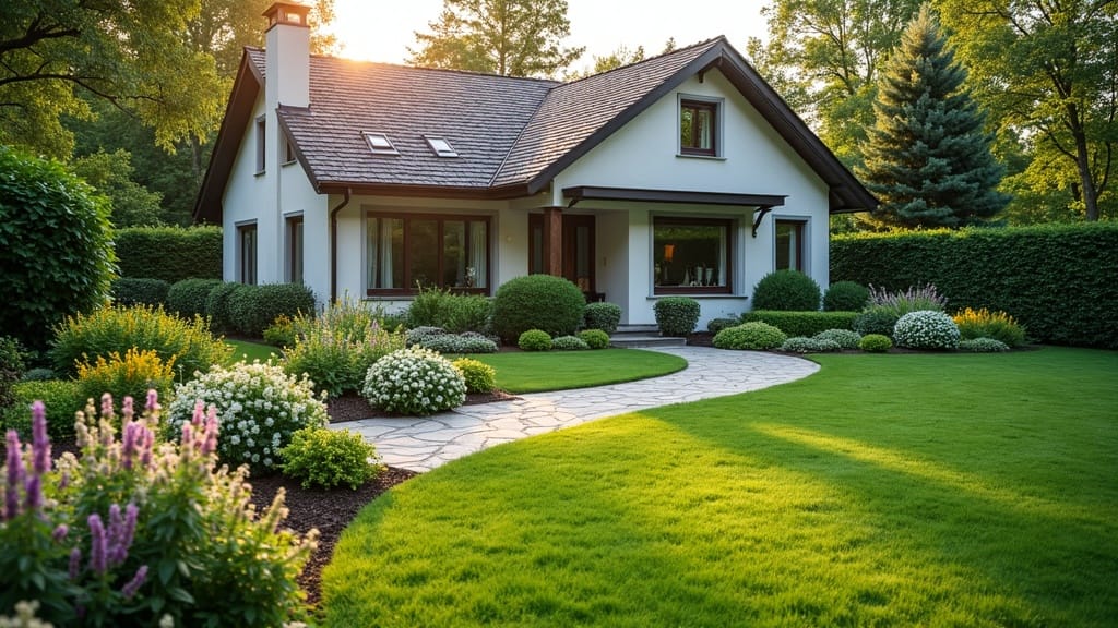 Garden design ideas – modern front yard with flower beds and a stone path