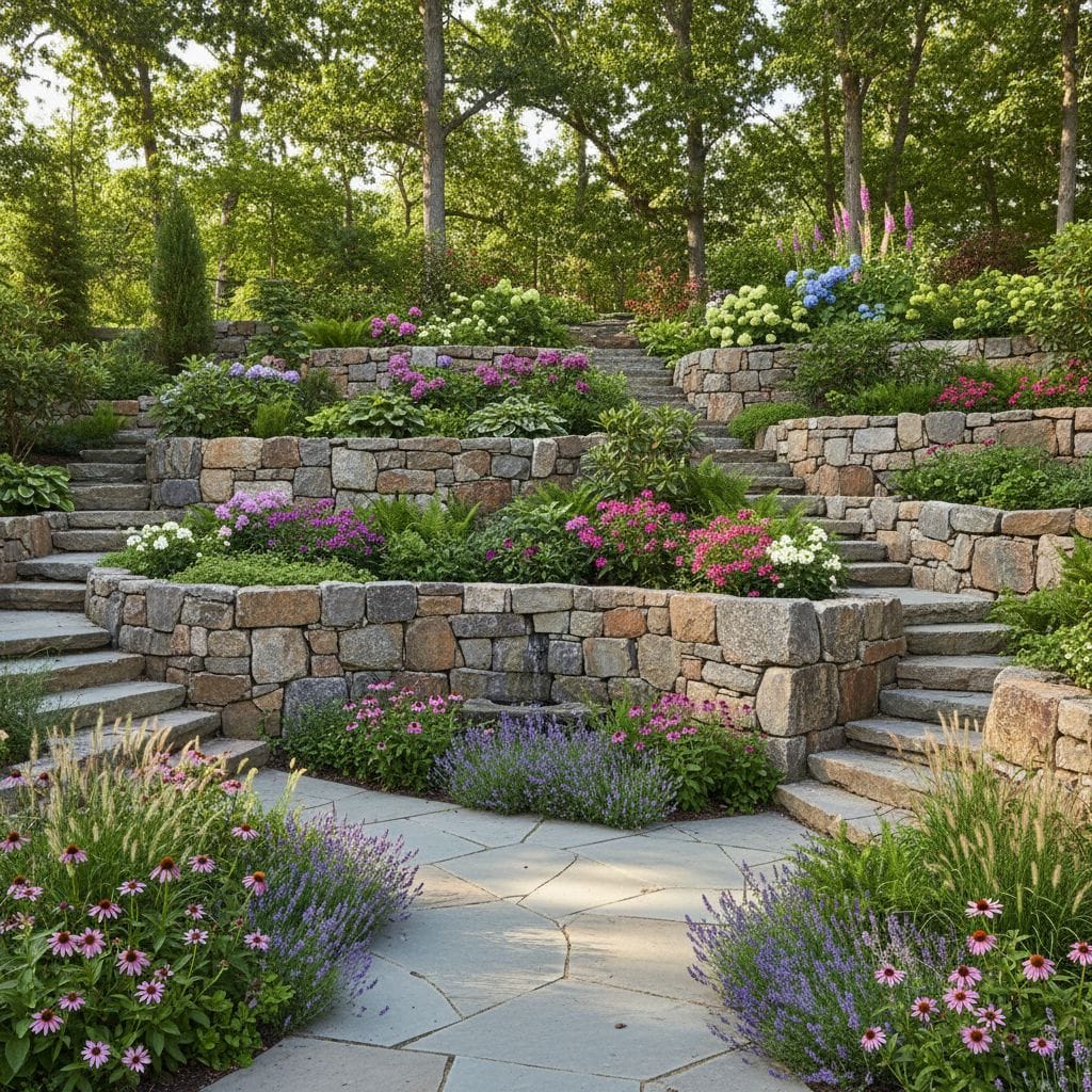 Garden with stone retaining walls