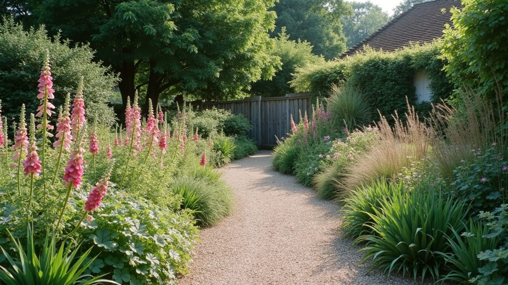 Naturalistic garden design with a gravel path and perennial borders
