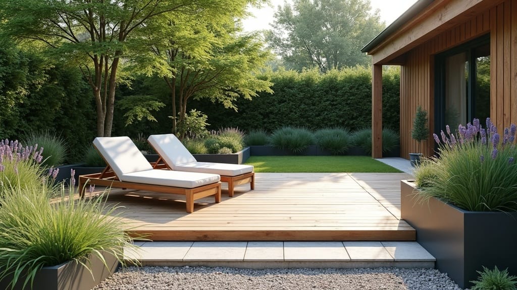 Small garden design with a wooden deck, loungers and a relaxation zone